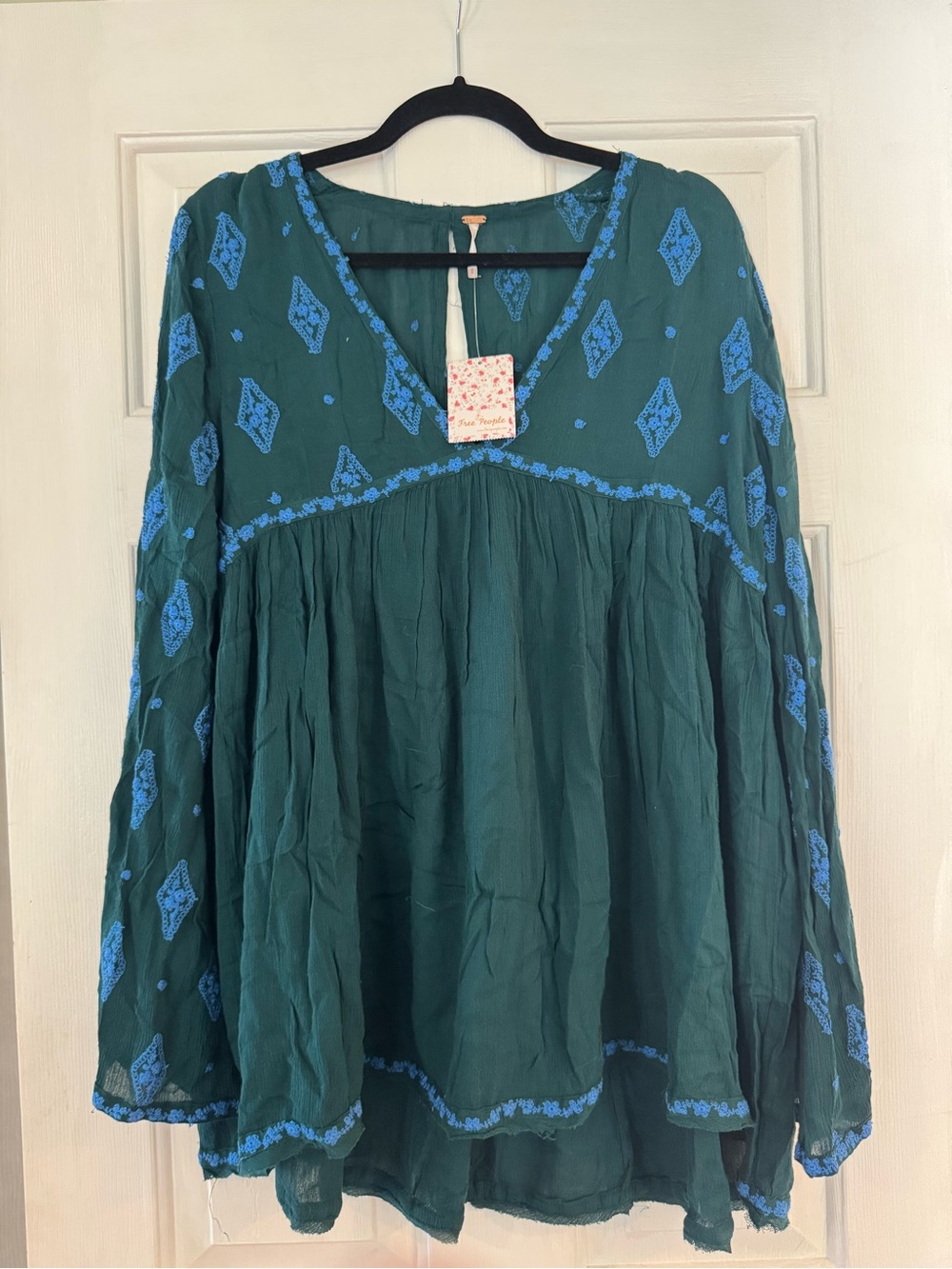 Free People Emerald Green Tunic with Blue Embroidery